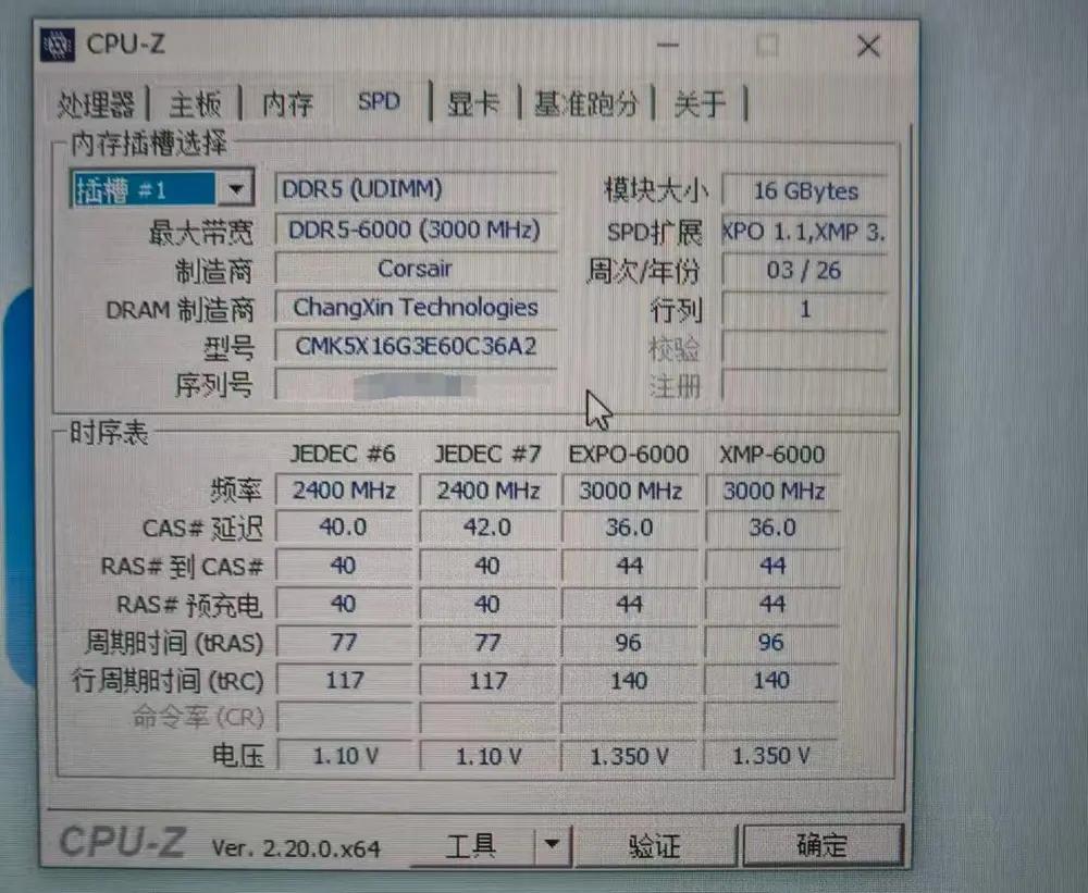 Captura de tela do CPU-Z (versão 2.20.0 x64), aba SPD, mostrando informações de um módulo de memória RAM DDR5.