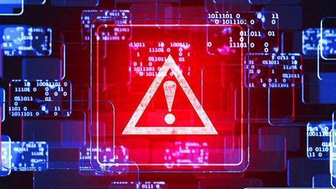 Ilustração de alerta de cibersegurança com símbolo de aviso sobre fundo digital.