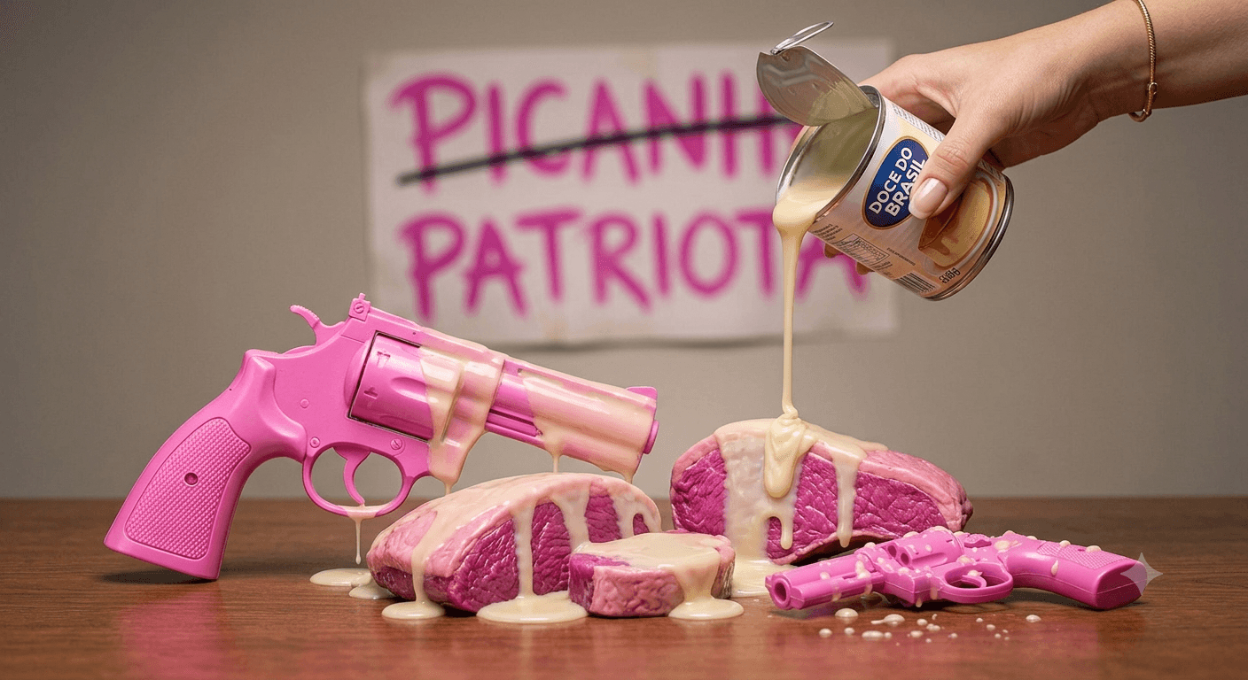 Imagem gerada por inteligência artificial mostrando pedaço de picanha e duas armas cor de rosa e alguem derramando leite condensado por cima